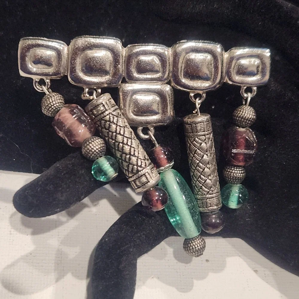 JJ Jonette Vintage Silver Tone Geometric Dangle Brooch Purple Teal Beads